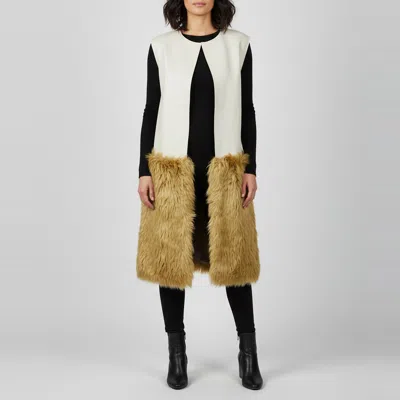 Pre-owned Marni Two Tone Leather And Fur Open Front Long Vest Coat S In Beige
