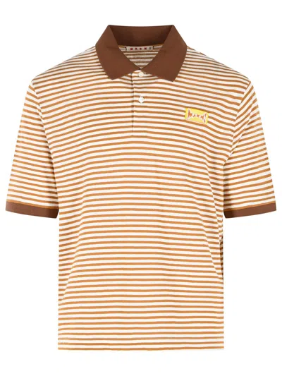 Marni Two Tone Linen Blend Polo Shirt In Brown