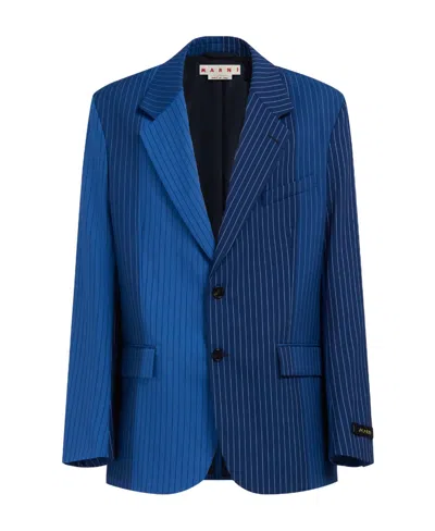 Marni Two-tone Pinstriped Wool Blazer In Blue