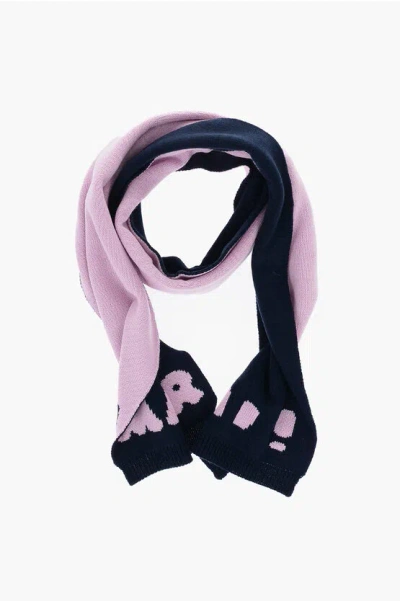 Marni Two-tone Wool Blend Scarf With Contrasting Logo In Pink