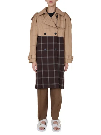 Marni Two-tone Checkered Trench Coat In Brown