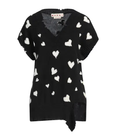 Marni Two-tone Knit Short-sleeve V-neck Top In Black