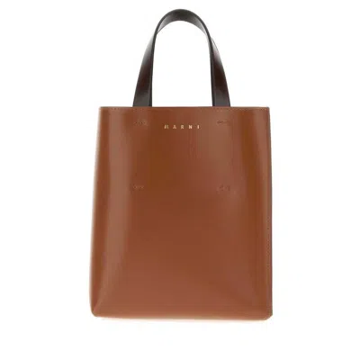 Marni Two-tone Leather Museo Handbag Maroonswanmetalbrown Borse A Mano In Brown