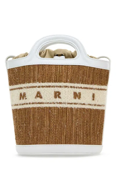 Marni Two-tone Raffia And Leather Tropicalia Bucket Bag 17cm X 18cm X 16cm In Multicoloured