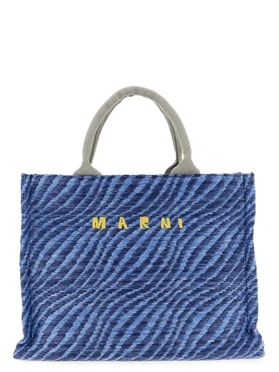 Marni Two-tone Raffia Handbag With Embroidered Logo And Structured Design In Blue