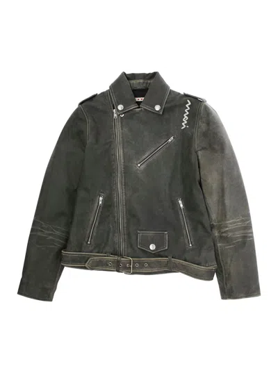 MARNI BLACK JACKET WITH DISTRESSED EFFECT AND LOGO ON FRONT IN LEATHER BOY