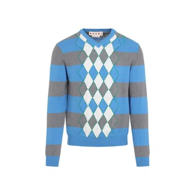 Marni V-neck Argyle Pattern Sweater In Blue