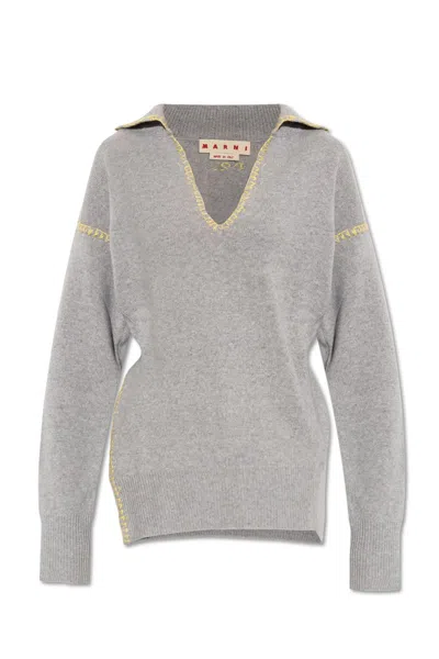 Marni Asymmetric V-neck Knitted Sweater In Inox