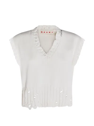 Marni Distressed-effect V-neck Knitted Vest In White