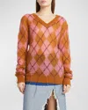 Marni Fringed Argyle Jacquard-knit Mohair-blend Sweater In Pink Combo