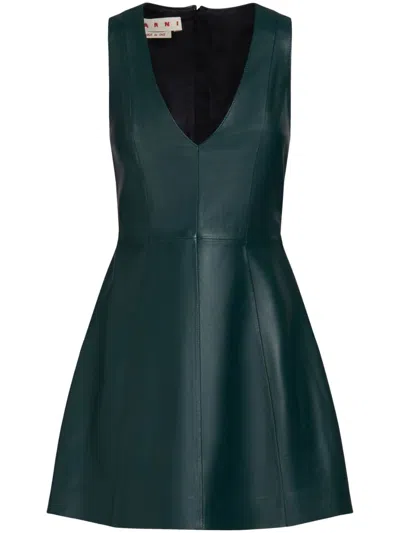 Marni V-neck Leather Minidress In Spherical Green