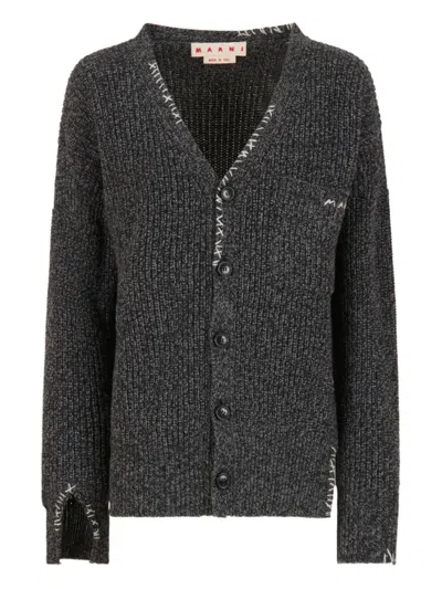 Marni V-neck Logo-embroidered Cardigan In Gray