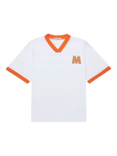 Marni Kids Logo Printed V-neck T-shirt In White