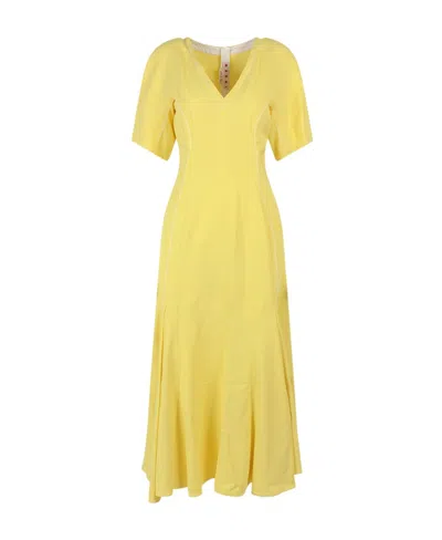 Marni V-neck Puff-sleeved Midi Dress In Yellow