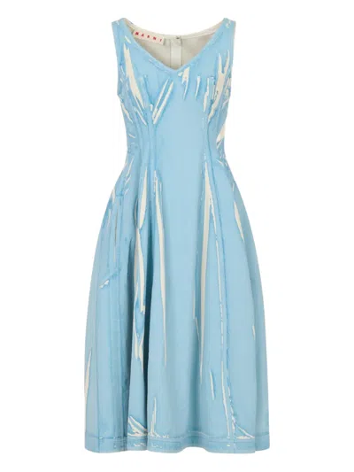 Marni Light Blue Screen-printed Denim Midi Dress