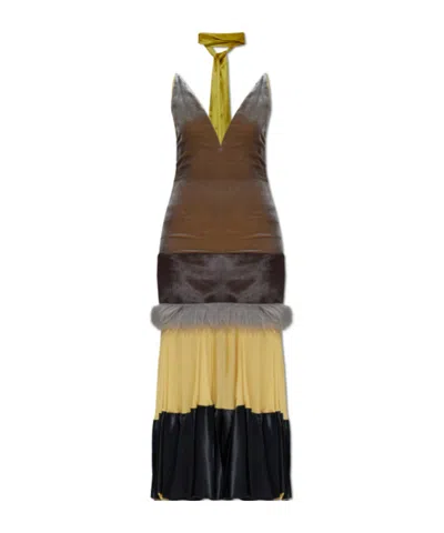 Marni Velvet-paneled Fur-trimmed Dress In Brown