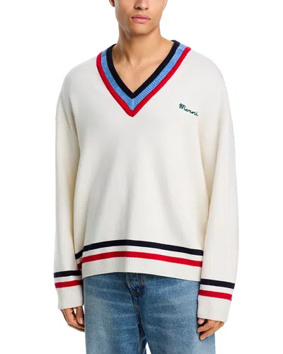Marni V Neck Stripe Logo Sweater In White
