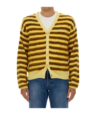 Marni Striped V-neck Knit Cardigan With Ribbed Finish In Yellow