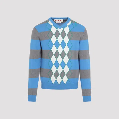 Marni V-neck Argyle Pattern Sweater In Blue