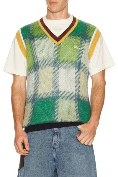 Marni Green Checked Mohair Vest With Striped Trims In Multi