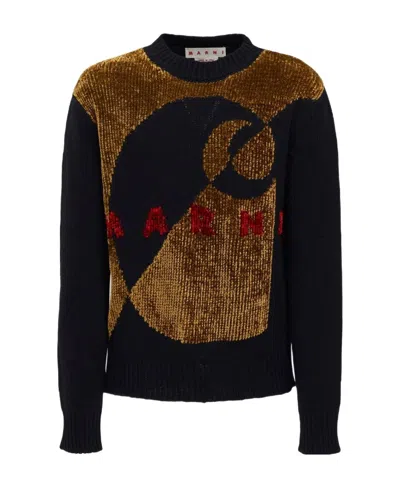 Marni Velvet-effect Logo Knit Jumper In Black