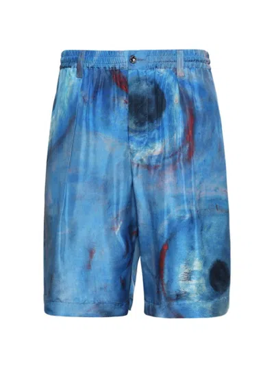 Marni Vibrant Abstract Silk Shorts With Elastic Waistband In Blue