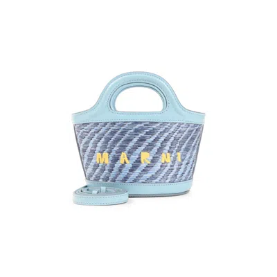 Marni Tropicalia Micro Embroidered Leather-trimmed Raffia Tote In Blue