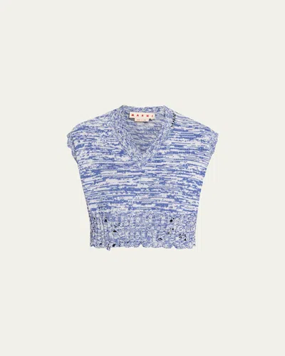 Marni V-neck Distressed Knit Boxy Vest In Blue