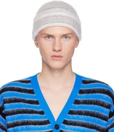 MARNI WHITE & GRAY STRIPED MOHAIR BEANIE 