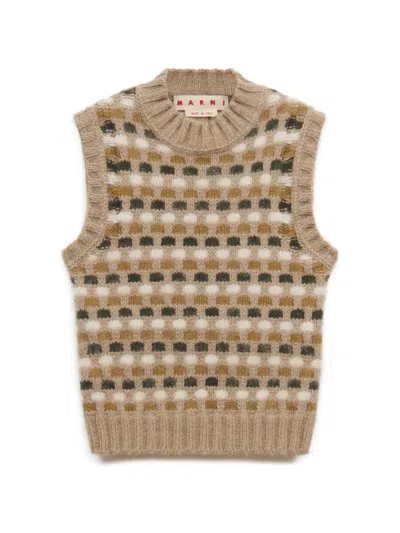 Marni White And Green Jacquard Shetland Wool Vest In Brown