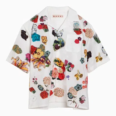MARNI MARNI WHITE BOWLING SHIRT WITH FLOWER PRINT IN COTTON