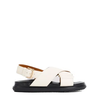 Marni White Calf Leather Fussbett Criscross Sandal In Neutrals