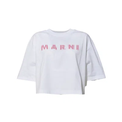 MARNI WHITE COTTON JERSEY CROPPED T-SHIRT WITH PRINT