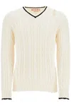 Marni White Cotton Sweater With Cable Knit V-neck In Neutral