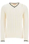 Marni White Cotton Sweater With Cable Knit V-neck In Neutral
