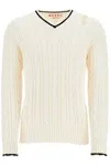 Marni White Cotton Sweater With Cable Knit V-neck In Neutral