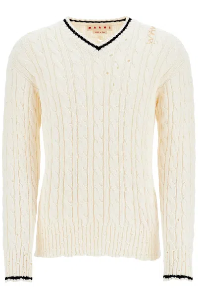 MARNI MARNI WHITE COTTON SWEATER WITH CABLE KNIT V-NECK MEN