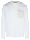 Marni Long-sleeved White Cotton T-shirt With Contrast Chest Pocket In Blue