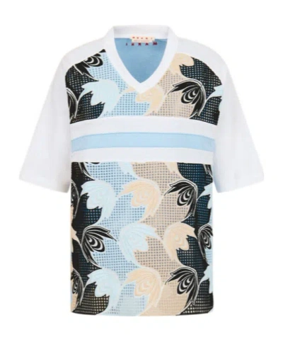 Marni White Cotton T-shirt With Broderie Anglaise Front In Multi