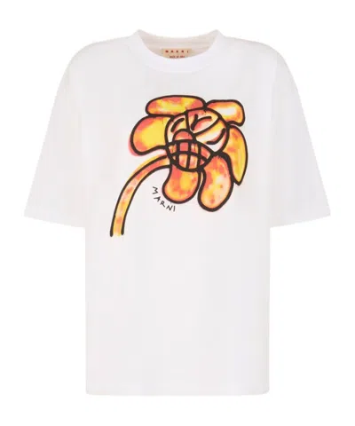 MARNI WHITE COTTON T-SHIRT WITH FLOWER PRINT