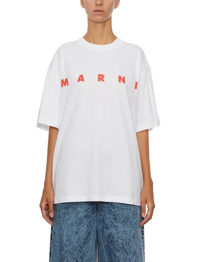 Marni White Cotton T-shirt With Front Logo For Women (fw23)
