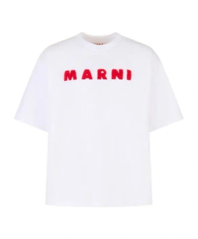 Marni White Cotton T-shirt With Mohair Patches