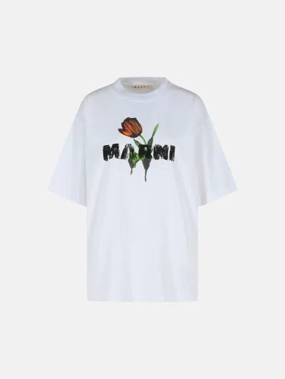 Marni White Cotton T-shirt With Tulip Print