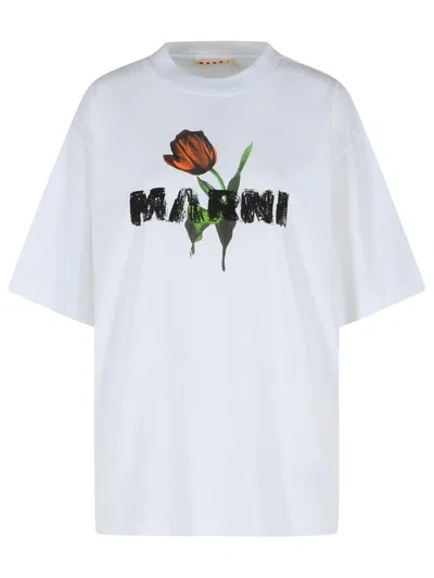 MARNI MARNI WHITE COTTON T-SHIRT WITH TULIP PRINT