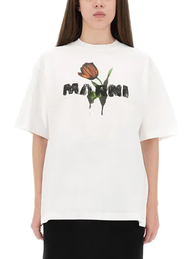 MARNI WHITE COTTON T-SHIRT WITH TULIP PRINT