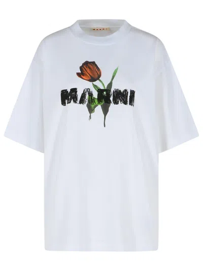 Marni White Cotton T Shirt With Tulip Print