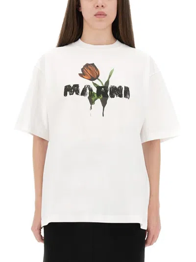 MARNI WHITE COTTON T-SHIRT WITH TULIP PRINT