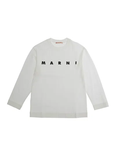 MARNI WHITE CREW NECK SWEATER WITH LOGO LETTERING ON THE FRONT IN COTTON BOY