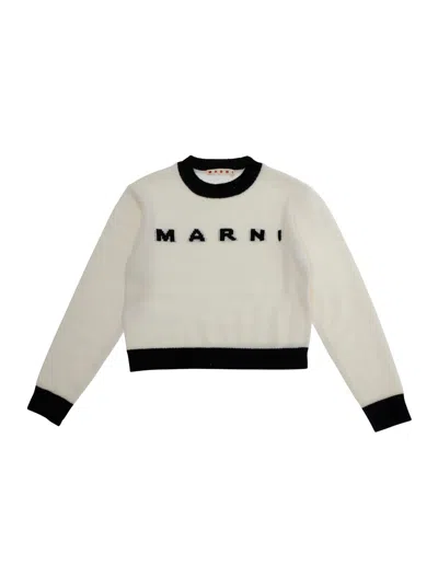 Marni Kids' White Crewneck Sweater With Logo Lettering On The Front And Contrasting Trims In Wool And Cashmere W