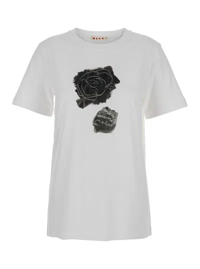 MARNI WHITE CREWNECK T-SHIRT WITH FLORAL PRINT WITH LOGO ON THE FRONT IN COTTON WOMAN